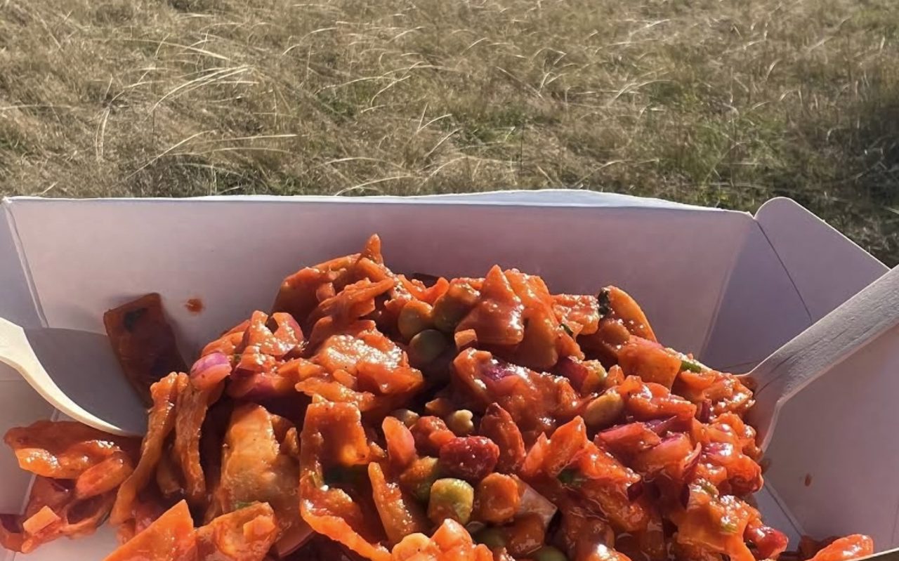 A tray of Amilo Piro chatpate held over the grass, the pond and the treeline behind it